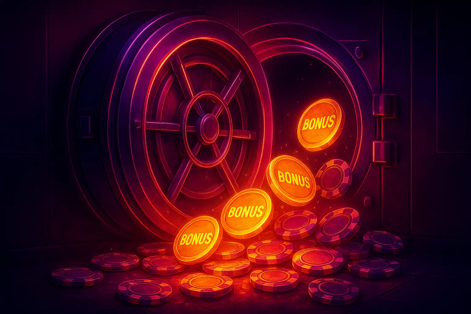 Neon vault door opening to reveal glowing bonus chips and coins