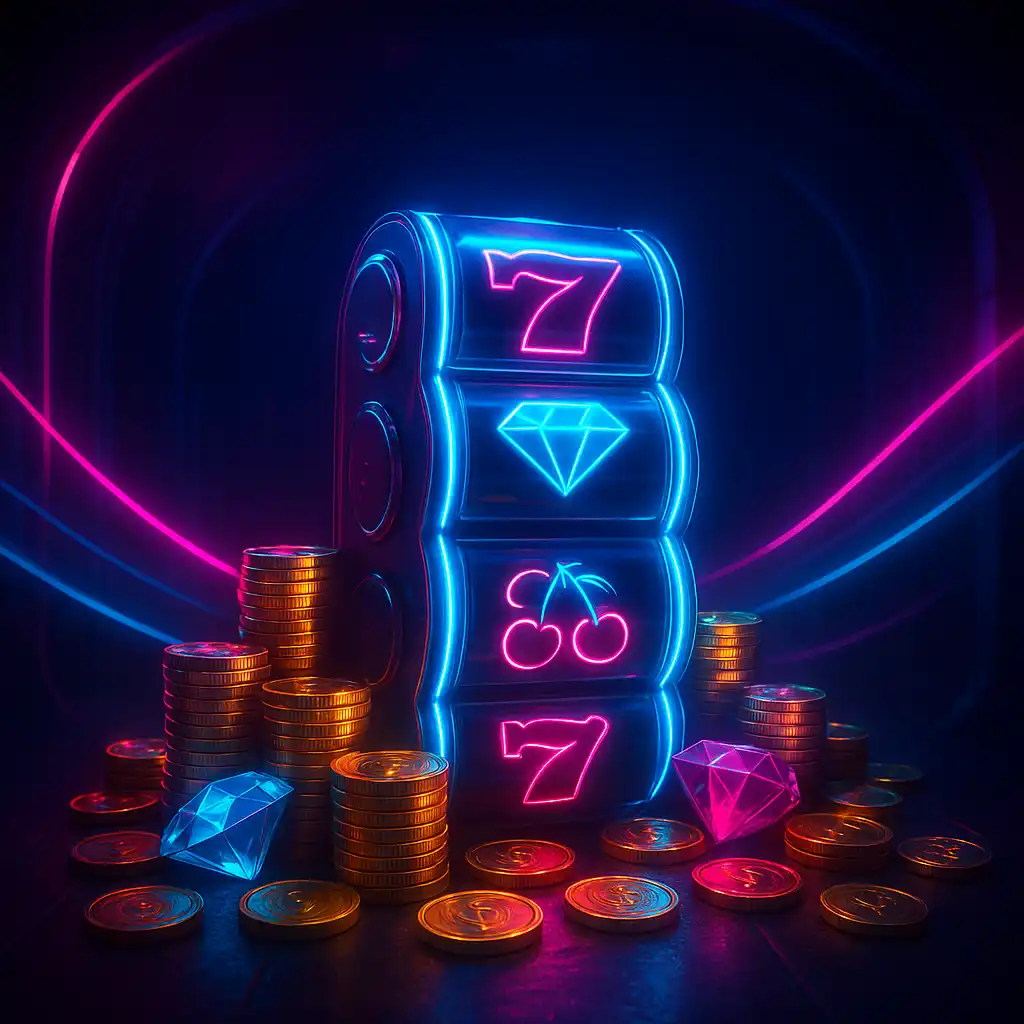 Glowing slot machine reels stacked with gold coins