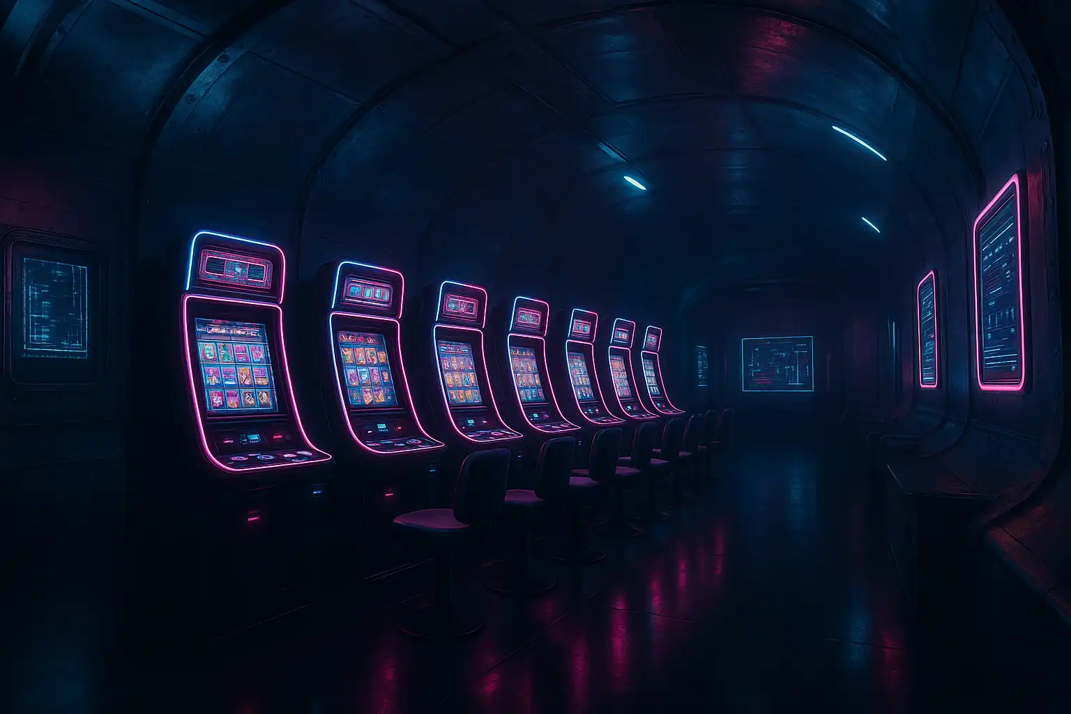 Neon-lit underground casino vault with glowing slot machines