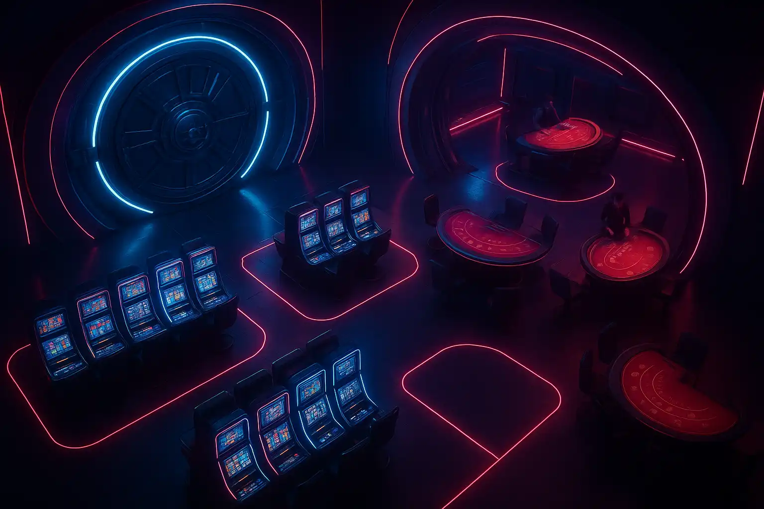 Overhead view of a neon-lit casino floor with slot machines and live tables