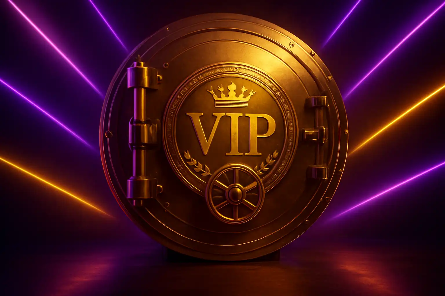 Golden vault door with VIP insignia surrounded by neon light beams